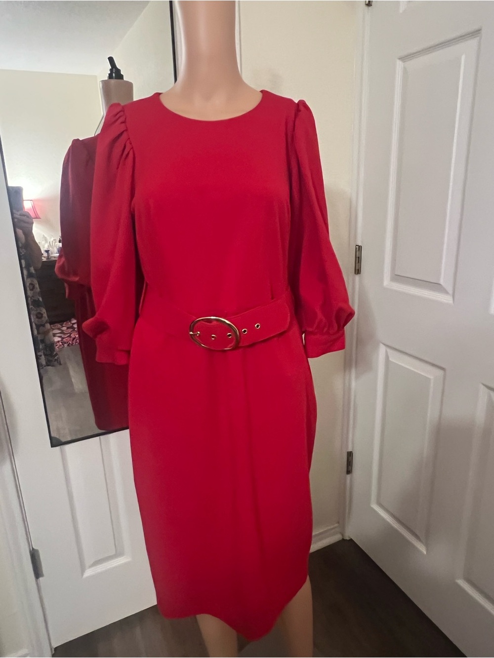Calvin Klein Red Puff-Sleeve Belted Midi Dress